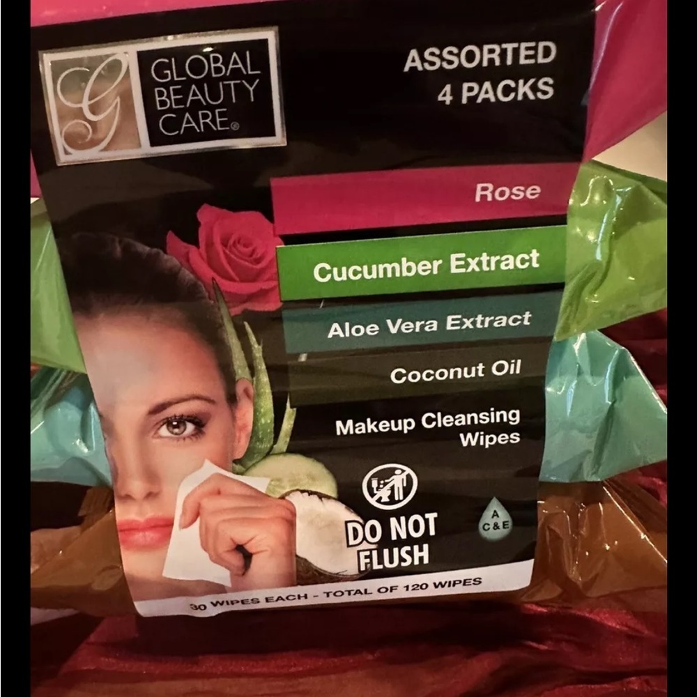 4 Pack Variety Makeup Remover Cleansing Wipes Rose, Aloe, Cucumber & Coconut New